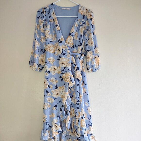 MI AMI Floral Wrap Dress Garden Flowy Feminine Ruffles Puff Sleeve Size Small - Picture 3 of 9